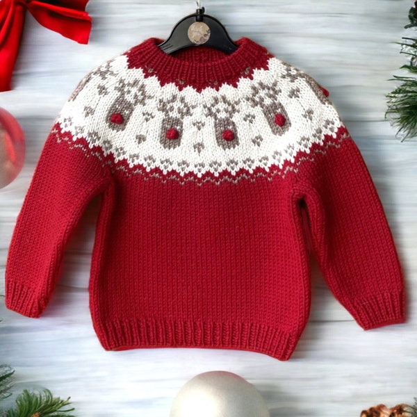 Pull de Noël Fair Isle, pull islandais unisexe chaud et confortable en laine mérinos pour enfants, pull pour bébés et tout-petits, pull nordique tricoté à la main