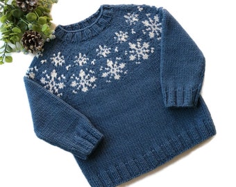 Shetland wool Icelandic unisex warm and cozy kids sweater, Snow flakes baby and toddler jumper, Christmas hand knit Nordic pullover
