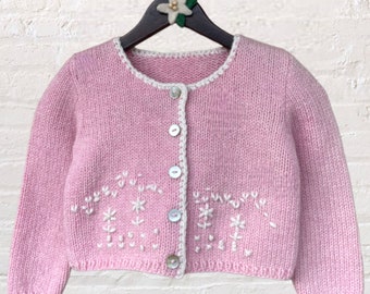 Rose Shetland wool cozy kids sweater | Hand embroidery girls baby cardigan |  Comfy and warm toddler sweater  | Cute gift for kids