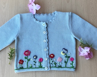 Hand knit girls cardigan, Cotton cardigan, Kids jacket, Baby cotton sweater,  Embroidered sweater