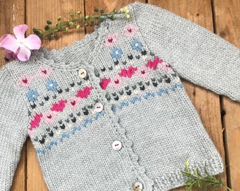 Hand knit baby cardigan , Merino wool cardigan , Girls merino jacket , Baby merino sweater , Hand embroidered sweater , Valentine's Day gift