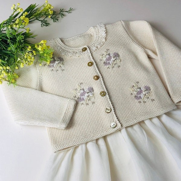 Girls floral embroidered cream knit cardigan | Festival toddler cotton sweater | Buttoned baby shower gift corgi | Baptism baby cardigan