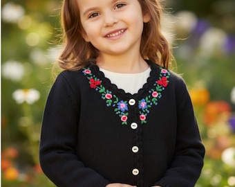 Hand Knit Cotton Girls Cardigan: Floral Embroidered Baby Jacket