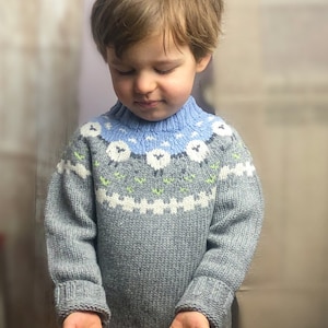 Hand Knitted Kids Wool Sweater: Fair Isle Sheep Nordic Pullover