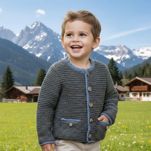 May include: A gray knit cardigan with light blue trim and wooden buttons. The children's sweater has two front pockets and a light blue trim around the collar and cuffs. The background features a mountain range and green field.