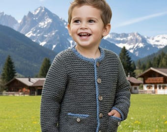 Austriacka dziecięca kurtka Trachten, folklorystyczny tyrolski ręcznie robiony na drutach wełniany kardigan, tradycyjny bawarski sweter