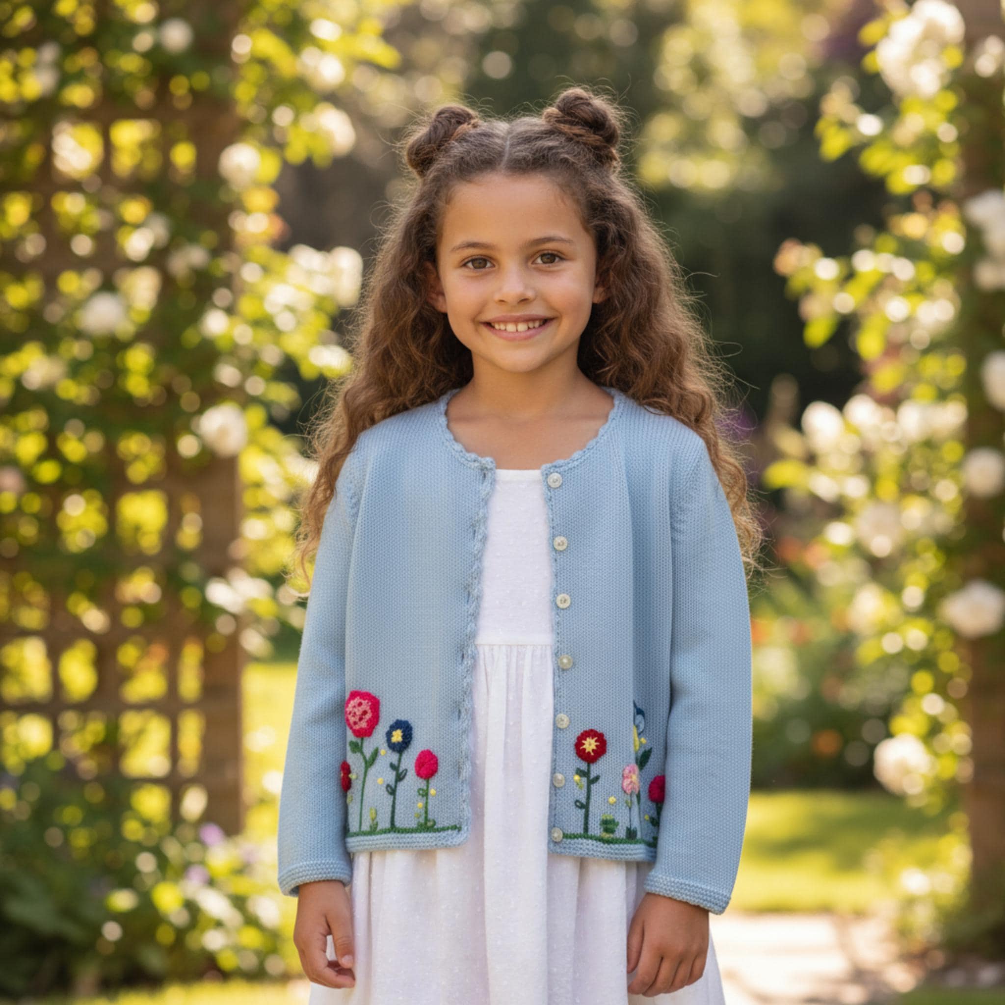 Hand Knit Girls Cotton Cardigan: Embroidered Floral Baby Jacket