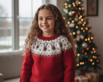 手編みメリノウールフェアアイルクリスマスセーター - ノルディックキッズジャンパー