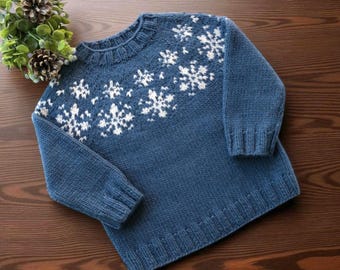 Hand Knit Shetland Wool Kids Sweater: Icelandic Snowflake Nordic Jumper