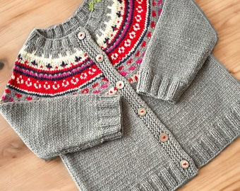 Icelandic winter kids cardigan, Fair Isle baby and toddler sweater, Nordic Merino wool cardigan,warm and cozy hand knit jacket