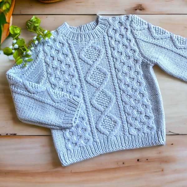 Pull tricoté à la main unisexe Aran, pull pour bébé en laine, pull pour tout-petits en tricot câble, pull trapu pour pêcheurs, pull au crochet irlandais