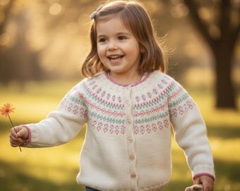 Puede incluir: Una niña pequeña con una rebeca color crema con un canesú estampado en rosa y azul. La rebeca tiene botones y ribetes rosas. La niña sostiene una pequeña flor y un peluche, sonriendo en un entorno soleado al aire libre.