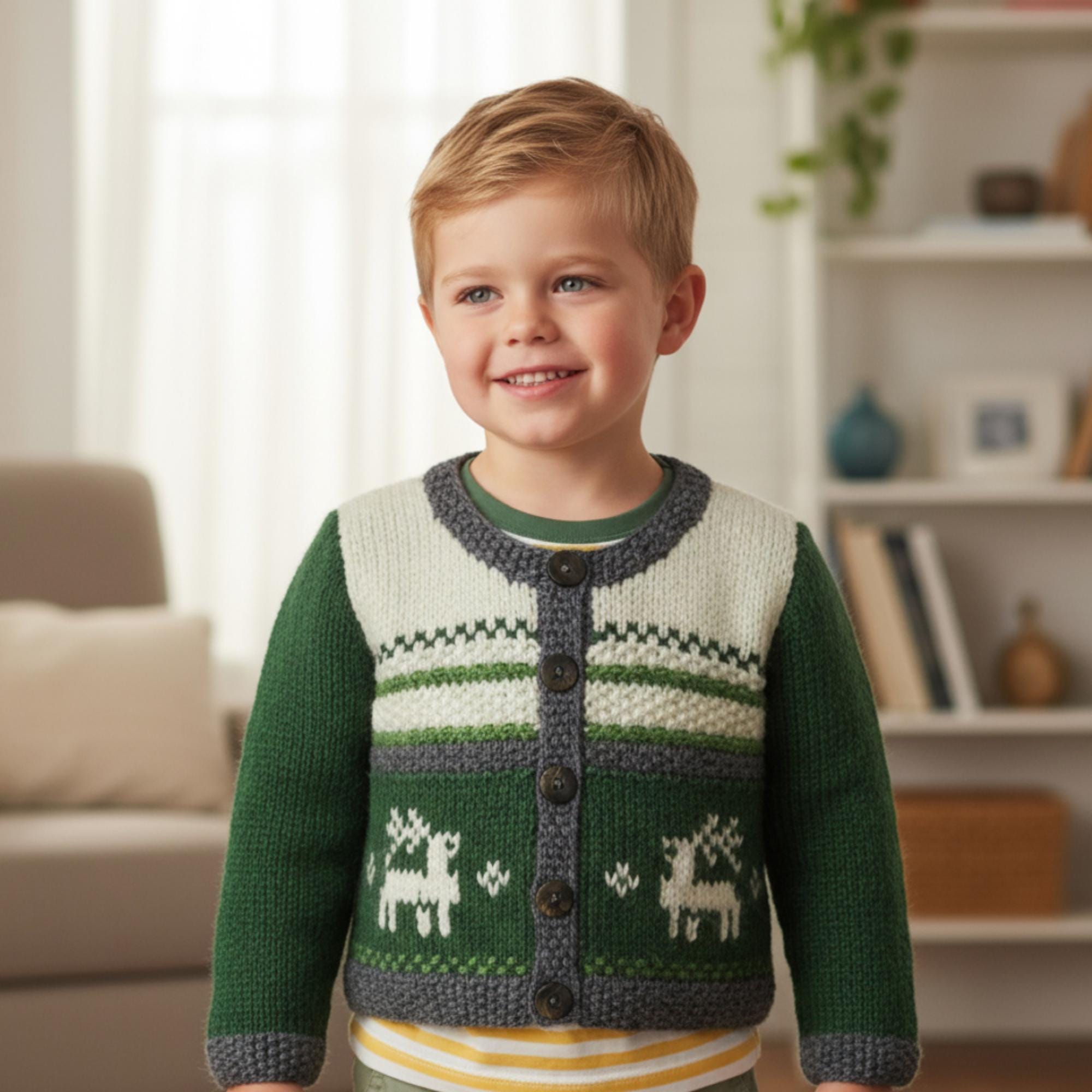 Hand Knit Shetland Wool Kids Cardigan: Deer Christmas Outfit