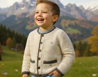 Austriacka dziecięca kurtka Trachten, folklorystyczny tyrolski ręcznie robiony na drutach wełniany kardigan, tradycyjny bawarski sweter