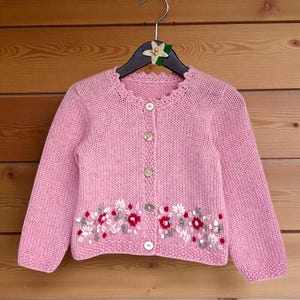 Hand Knit Shetland Wool Baby & Toddler Cardigan – Powder Pink, Floral Embroidery, Mother of Pearl Buttons, Crochet Edges