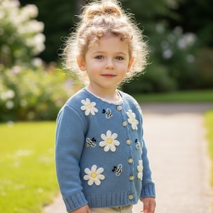 Cardigan all'uncinetto con margherita e ape: maglione in maglia di cotone azzurro cielo