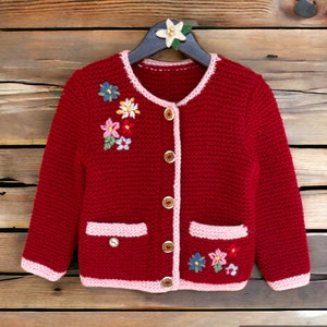 Traditional Austrian Hand Knit Kids Jacket, Red Wool Cardigan with Alpine Embroidery, Perfect for Winter Wear, Unique Gift for Girls