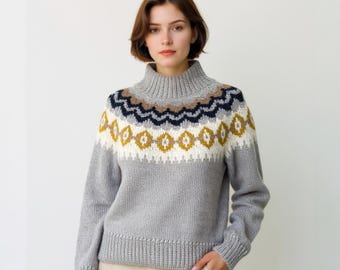Hand-knit Merino Wool Fair Isle Sweater: Silver Grey Nordic Design
