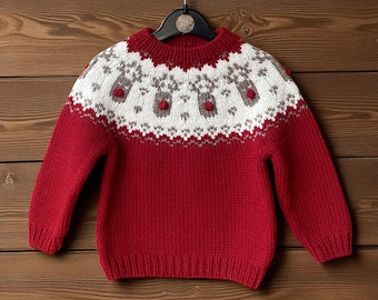 Fair Isle Christmas sweater , Merino wool Icelandic unisex warm and cozy kids sweater , baby and toddler jumper,  hand knit Nordic pullover