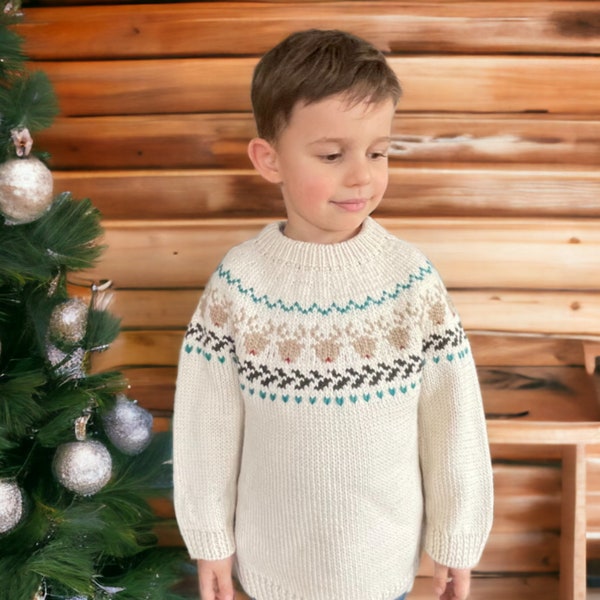 Suéter navideño Fair Isle, suéter crema unisex islandés de lana Merino cálido y acogedor, jersey para bebés y niños pequeños, jersey nórdico tejido a mano