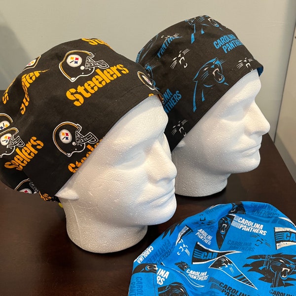 Football Scrub Cap/Hat - Carolina Panthers, Steelers - Adjustable Unisex/Men/Women - PonytAil/Euro Style or Tie. Nicely detailed &washable!