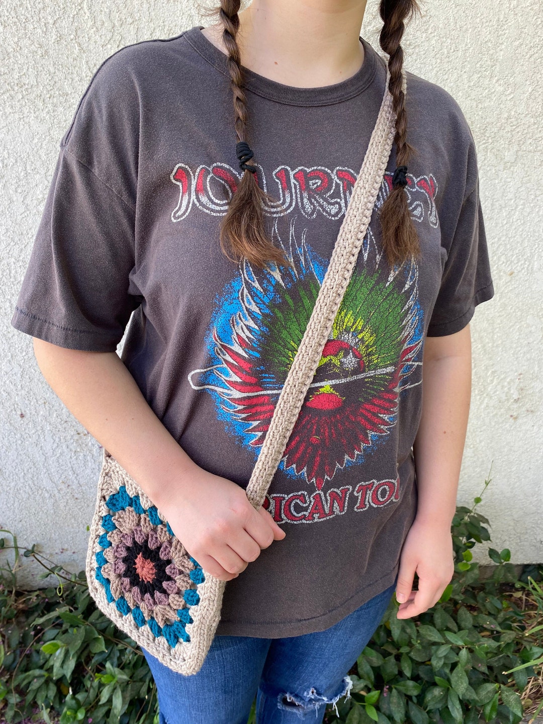 Small Blue Crochet Crossbody Bag, Granny Square Crochet Bag, Handmade