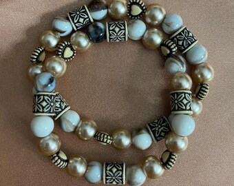 Heart Rose Gold and Marble Beaded Bracelet