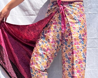 Indian silk blend Pants, Reversible Silk blend Harem Pants, wrap around pants wide leg festival India palazzo, Women Thai Fisherman