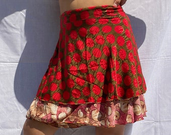 Indian Wrap Around Skirt Handmade Reversible Two Layer Fun Hippie Boho Gypsy Dress Silk Sari Multi Color Wraparound Skirt double layer skirt