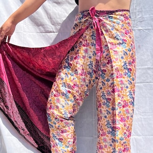 Indian silk blend Pants, Reversible Silk blend Harem Pants, wrap around pants wide leg festival India palazzo, Women Thai Fisherman