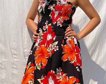 Hawaiian Floral Dress, Women cotton dress, Floral dress, Summer dress, Cotton Halter Top Scrunch Top, Loose Beach Picnic Summer Women Dress