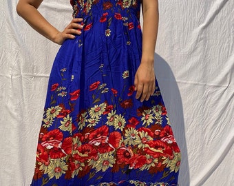 Women cotton dress, Floral dress, Summer dress, Cotton Halter Top Scrunch Top, Loose Beach Picnic Comfortable Summer Women Dress Hippie Boho