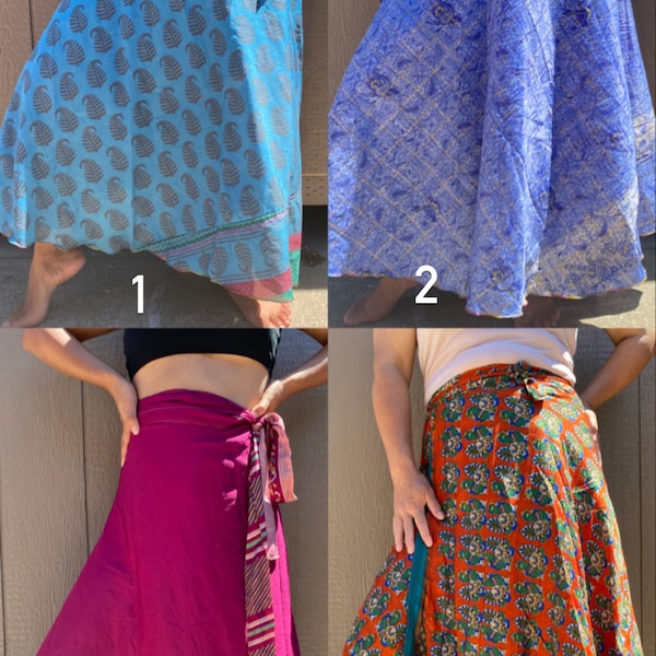 Indian Wrap Around Skirt Handmade Reversible Two Layer Fun Hippie Boho Gypsy Dress Silk Sari Multi Color Wraparound Skirt double layer skirt