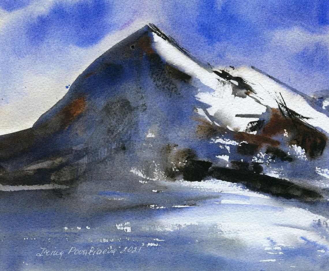 Mountain landscape original watercolor painting with blue Etsy