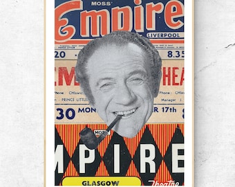 Kolaż z wizerunkiem komika Sid Jamesa – grafika w stylu vintage, ręcznie wykonany wydruk cyfrowy, dekoracja ścienna i domowa.