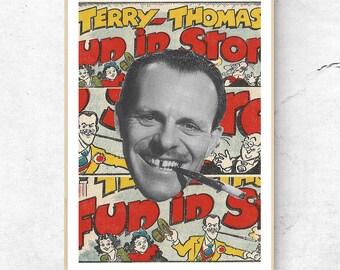 Kolaż autorstwa komika Terry'ego-Thomasa - grafika w stylu vintage, ręcznie wykonany wydruk cyfrowy, dekoracja ścienna i domowa.