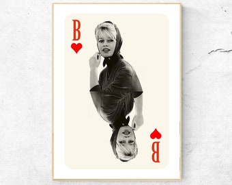 Fashion, Brigitte Bardot Hearts Playing Card - Graphic Hand Made Digital Art Print, Wall & Home Decor.