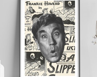 Kolaż z udziałem komika Frankie Howerda – grafika w stylu vintage, ręcznie wykonany wydruk cyfrowy, dekoracja ścienna i domowa.