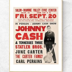 Póster del concierto de Johnny Cash de los años 60, impresión artística con pigmentos digitales hecha a mano, decoración de paredes y hogares.