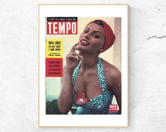 Okładka magazynu Tempo w stylu vintage, Sophia Loren, lata 60., wysokiej jakości wydruk giclee, dekoracja ścienna i do domu.