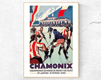 Plakat do hokeja na lodzie w stylu art déco w Chamonix – wydruk z podróży na narty z lat 30. XX wieku