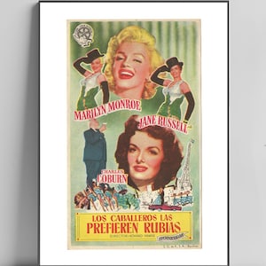 Marilyn Monroe, 1950s Spanish movie poster for &#39;Gentlemen Prefer Blondes&#39; Hand Made Digital Pigment Art Print, Wall & Home Decor