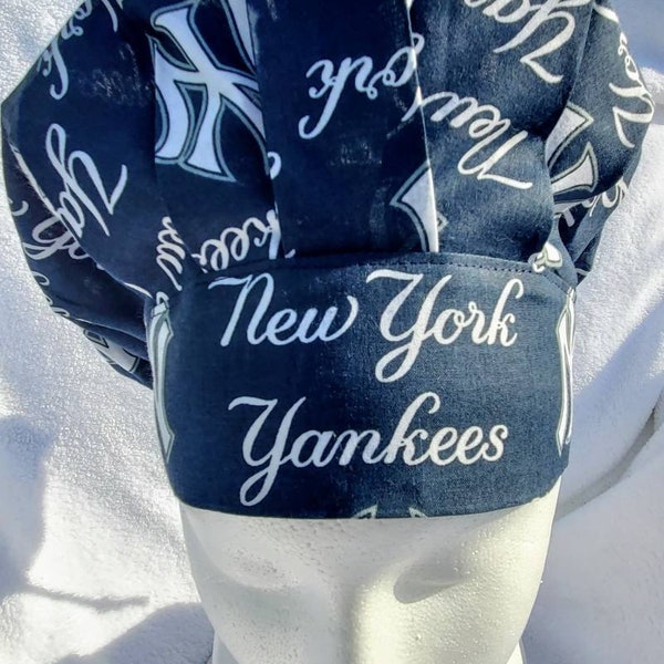 Hat made with New York Yankees fabric-Scrub hats-Bunnycaps-Bouffant scrub cap-baseball scrub cap-nurse-surgical hat-Etsy scrub hats