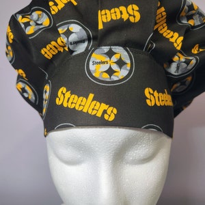 Bouffant scrub hat-surgical hats-scrub caps-bunnycaps-CST-pittsburg steelers fabric-nfl scrub hats-CRNA-RN-football scrub hats-fall