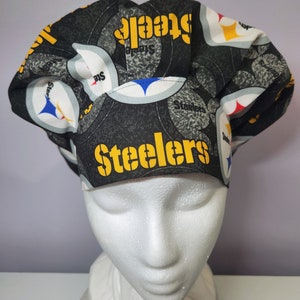 Bouffant scrub hat-surgical hats-scrub caps-bunnycaps-CST-pittsburg steelers fabric-nfl scrub hats-CRNA-RN-football scrub hats-fall