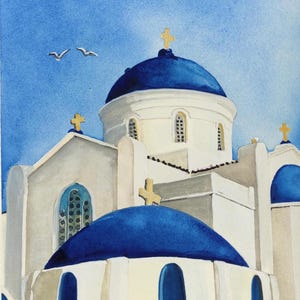 Chiesa blu dipinto ad acquerello ORIGINALE