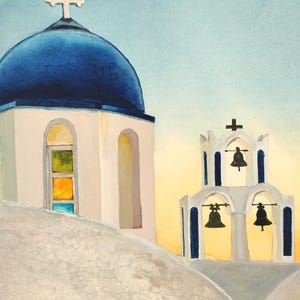 Santorini Chiesa finestra colorata ORIGINALE Acquerello