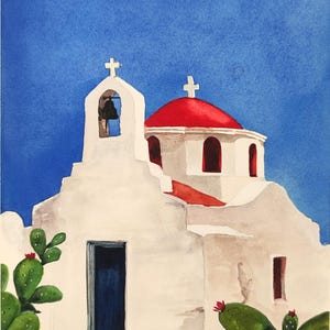 Chiesa di Mykonos ORIGINALE Dipinto ad acquerello