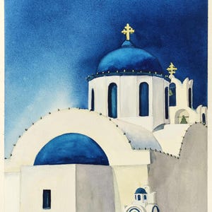 Chiesa blu di Santorini ORIGINALE Acquerello