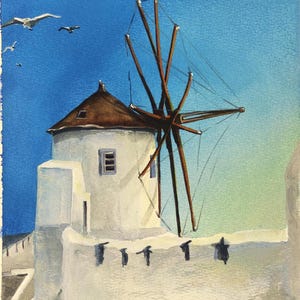 Mulino a vento di Mykonos ORIGINALE dipinto ad acquerello
